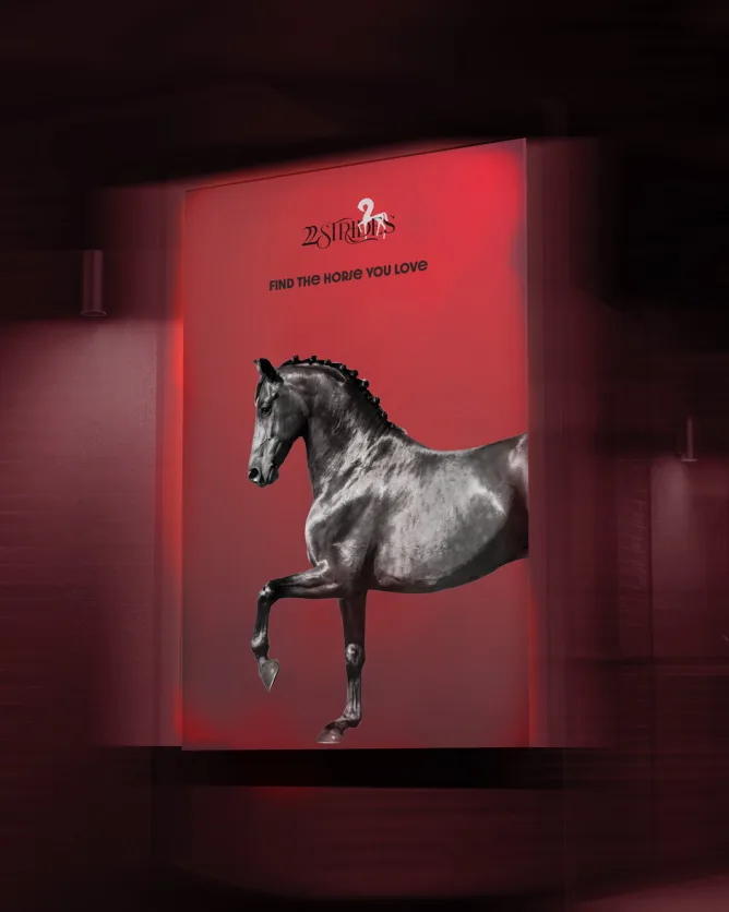 Brand campaign poster with a black horse on a red wall